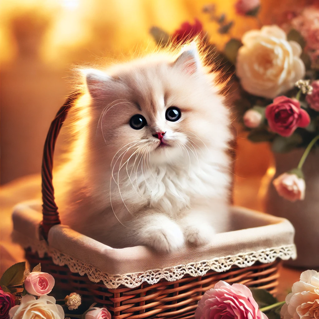 DALL·E 2024 11 22 13.55.25 A fluffy and adorable kitten sitting in a small basket looking curious and playful surrounded by flowers. The kitten has soft fur with light cream a