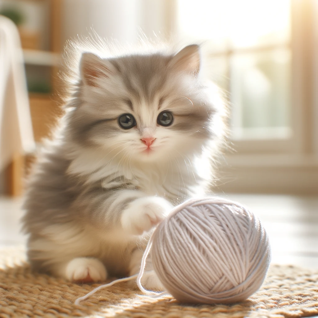 DALL·E 2024 11 22 13.57.01 A cute fluffy kitten playing with a ball of yarn in a bright and cheerful room. The kitten has soft gray and white fur with big curious eyes and a